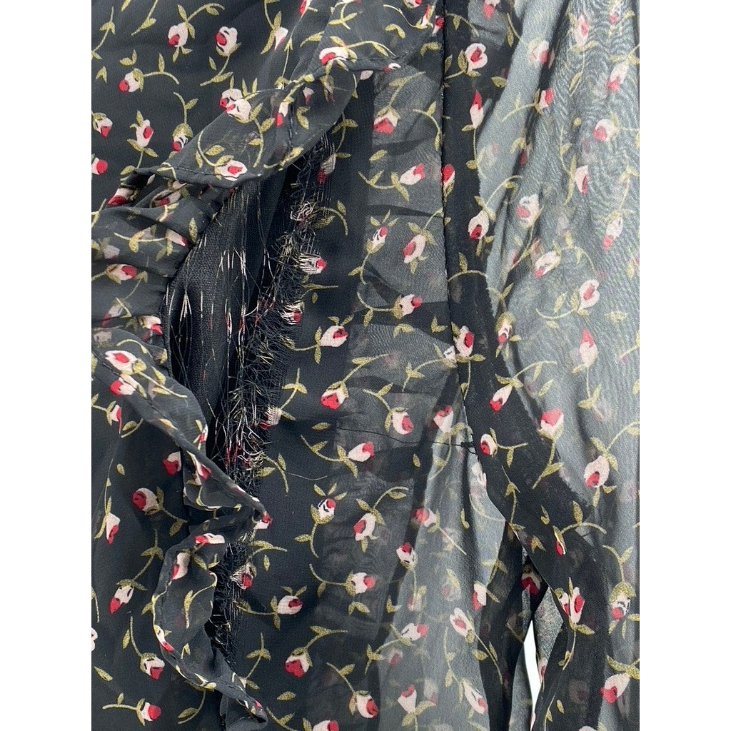 LUSH Women's Black Floral Velvet Tie-Neck Long Sleeve Ruffle Mini Dress SZ S