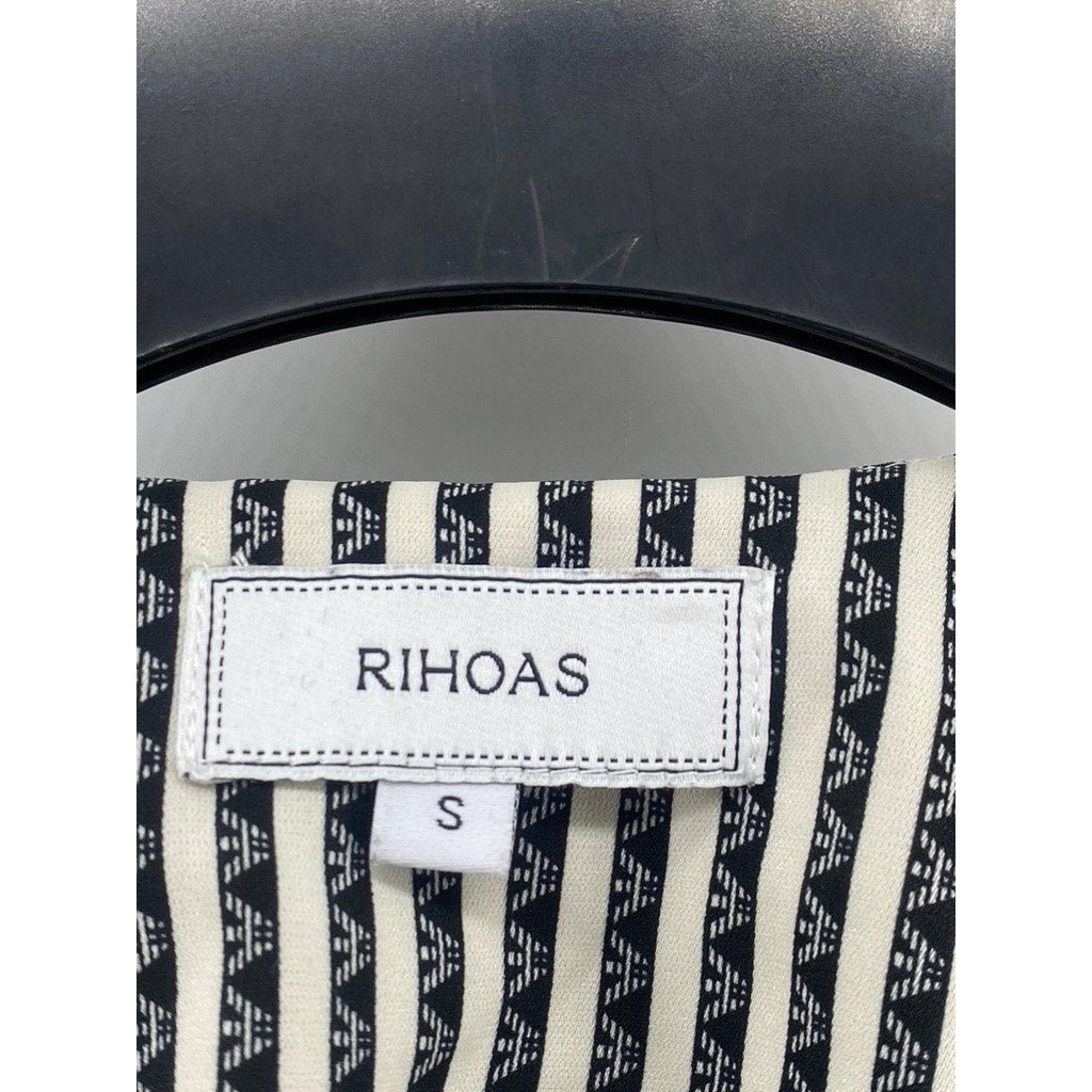 RIHOAS Women's Black-White Striped Printed Tie-Front Ruffle Long Sleeve Top SZ S