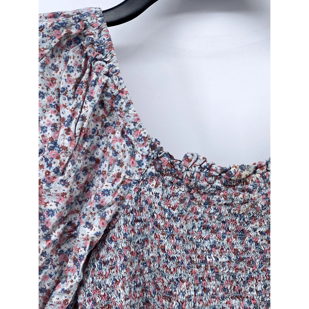 GAP Women's Pink-Blue Floral Straight-Neck Puff Elbow Sleeve Smocked Top SZ S