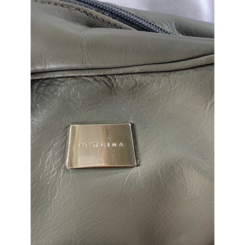 PERLINA NEW YORK Women's Gray Leather Round Satchel Messenger Bag