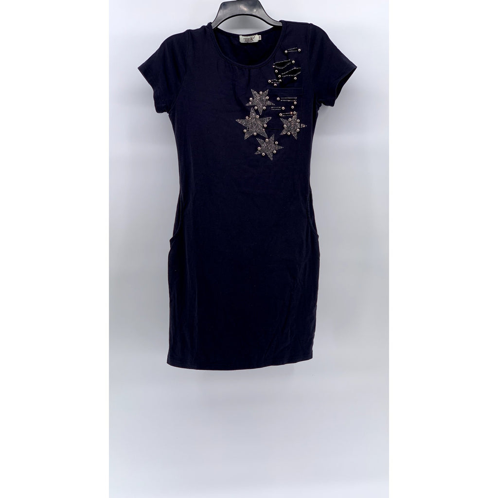 JULIA Women's Blue Star Studded Distressed Short Sleeve Crewneck Mini Dress SZ S