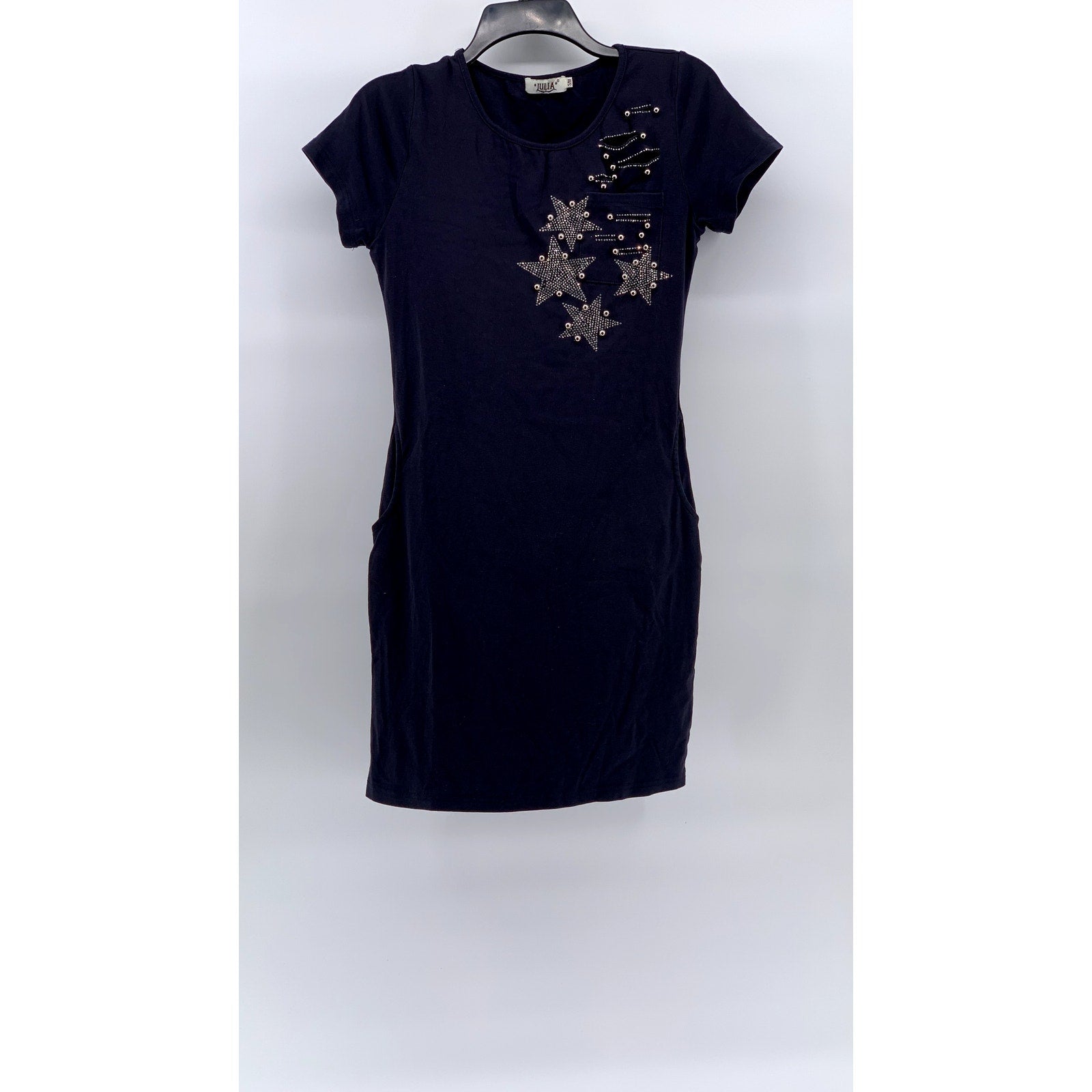 JULIA Women's Blue Star Studded Distressed Short Sleeve Crewneck Mini Dress SZ S