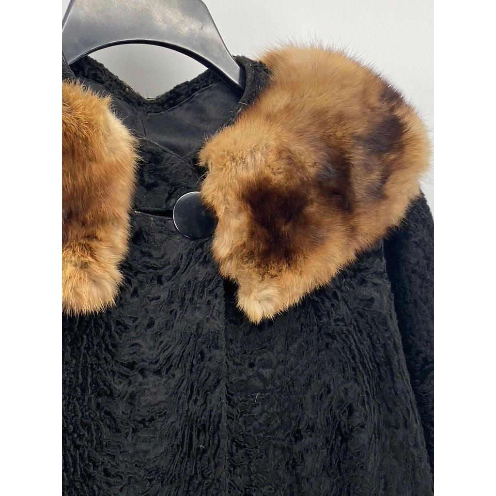 UNBRANDED Women's Black Textured Faux-Fur Collared Single Button Coat SZ M