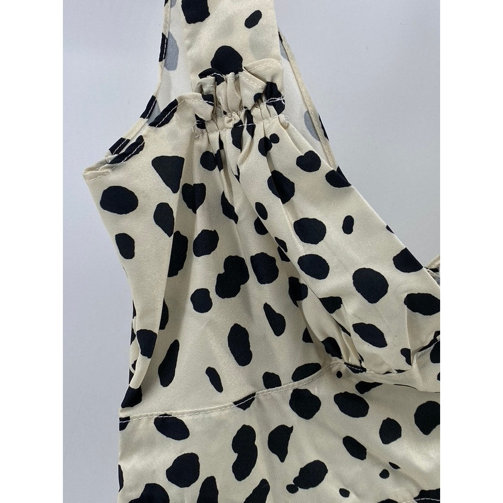 ZANER STUDIO Women's Beige-Black Printed V-Neck Ruffle A-Line Mini Dress SZ S