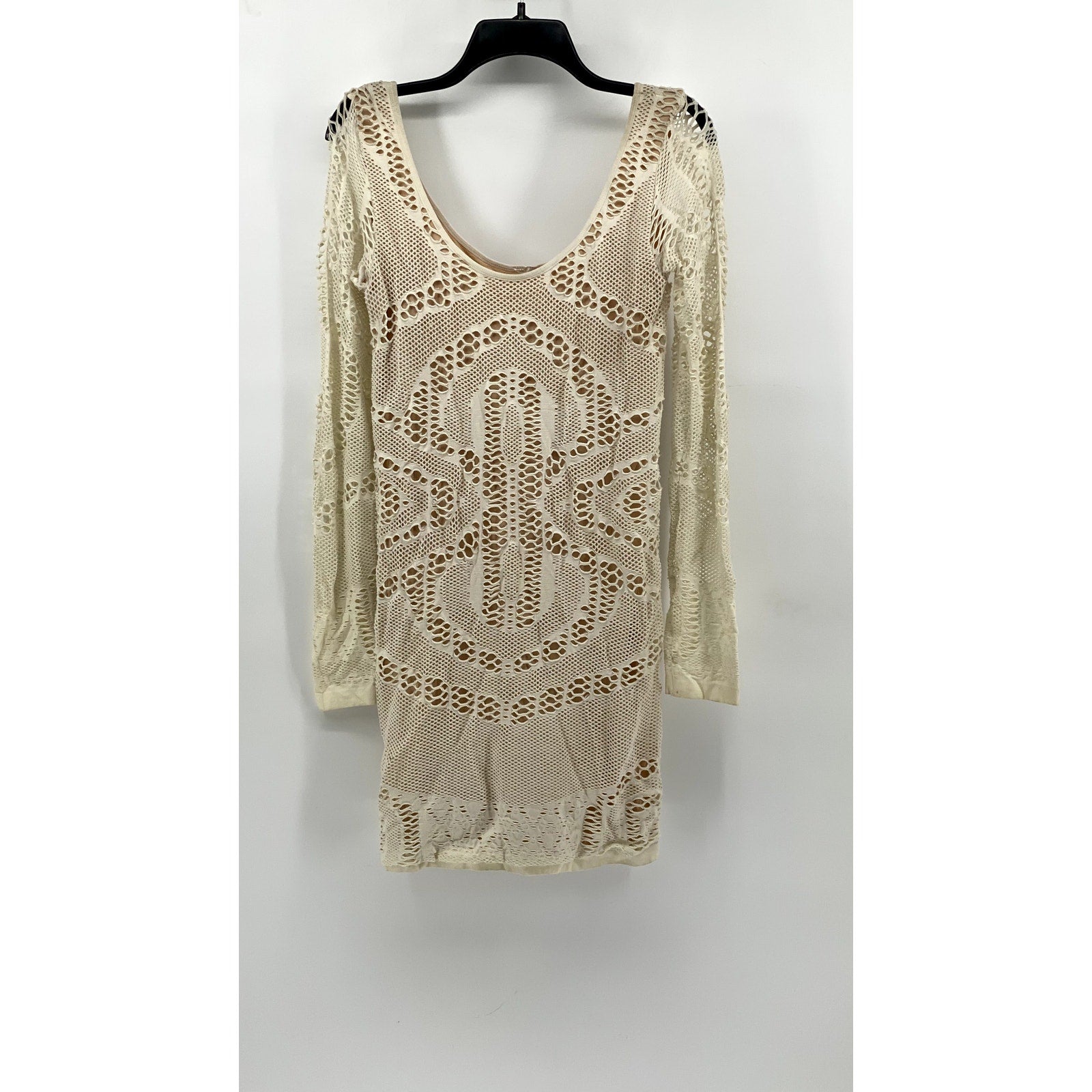UNBRANDED Women's Cream Lace Long Sleeve Scoop-Neck Mini Dress SZ S