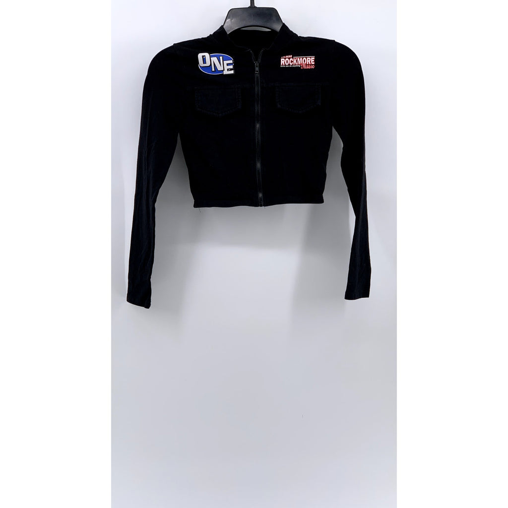 COSMIQUE STUDIO Women’s Black One Team Rockmore Zip-Up Biker Grunge Crop Top SZS