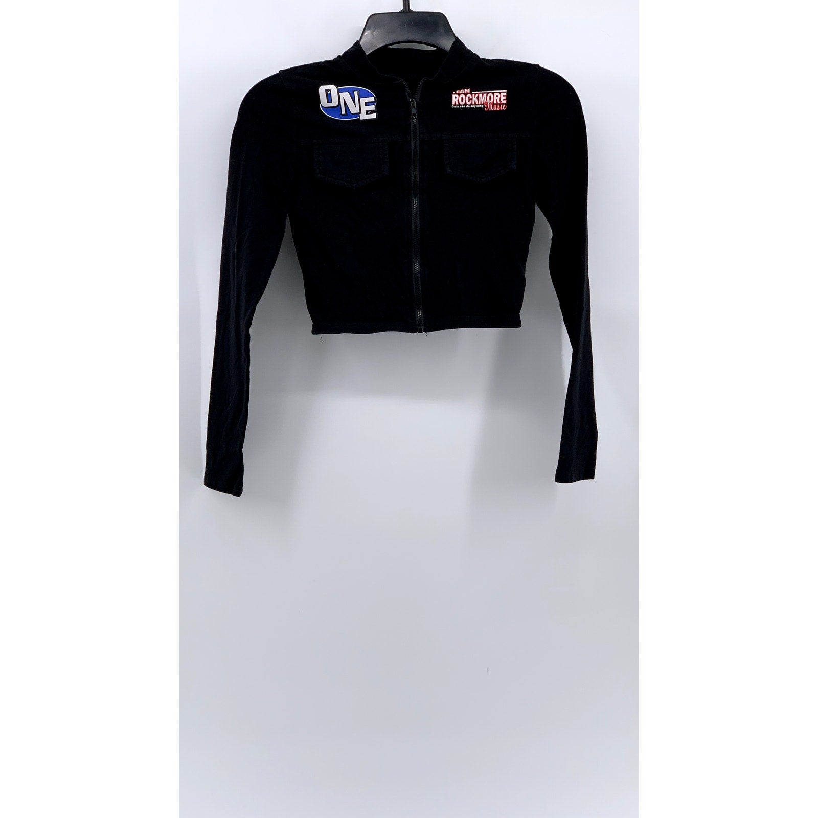 COSMIQUE STUDIO Women’s Black One Team Rockmore Zip-Up Biker Grunge Crop Top SZS