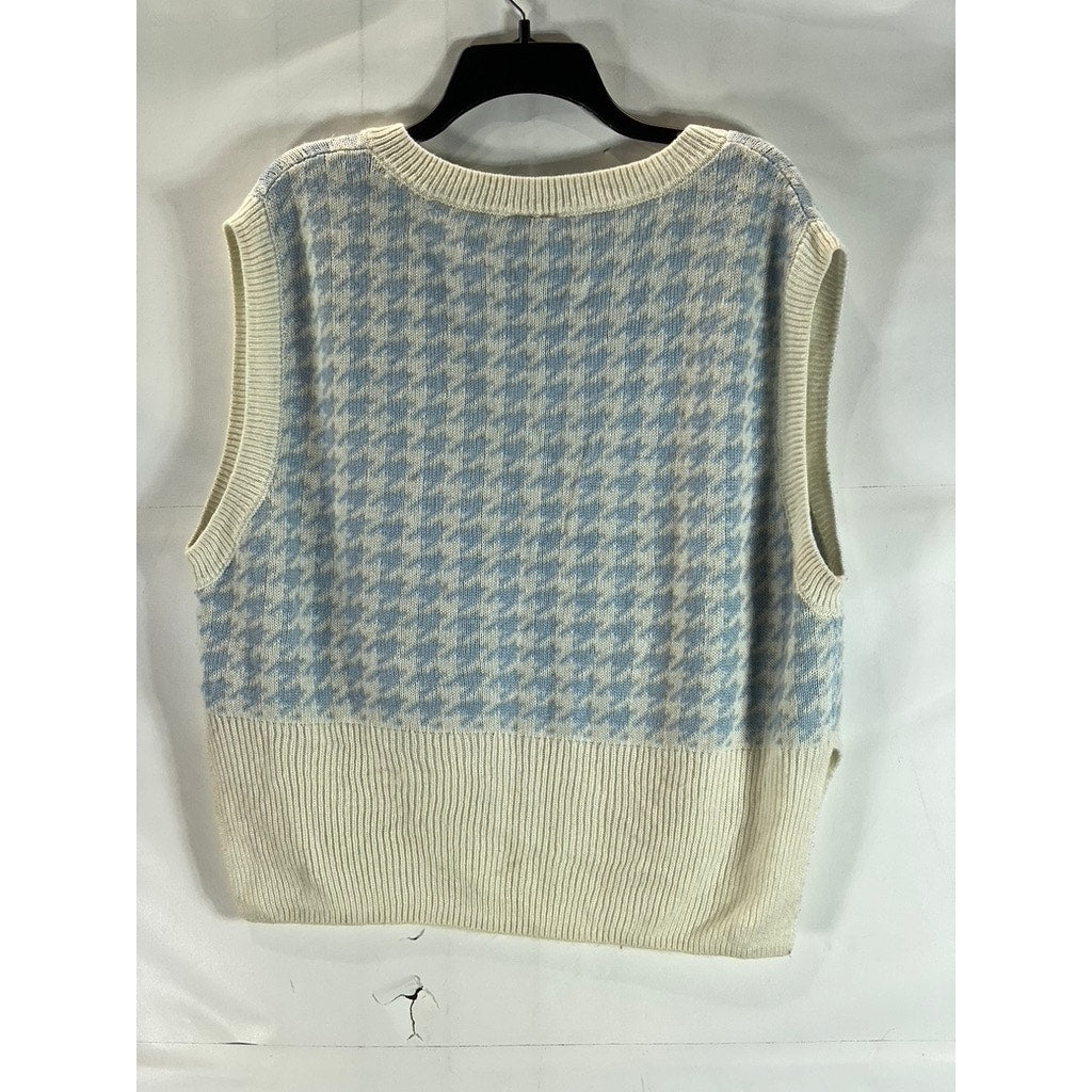 H&M DIVIDED Women's Cream/Blue Houndstooth V-Neck Sweater Vest SZ L