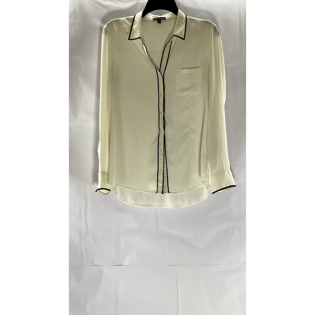 EXPRESS Women's Cream/Black Trim Button-Up Long Sleeve Top SZ M