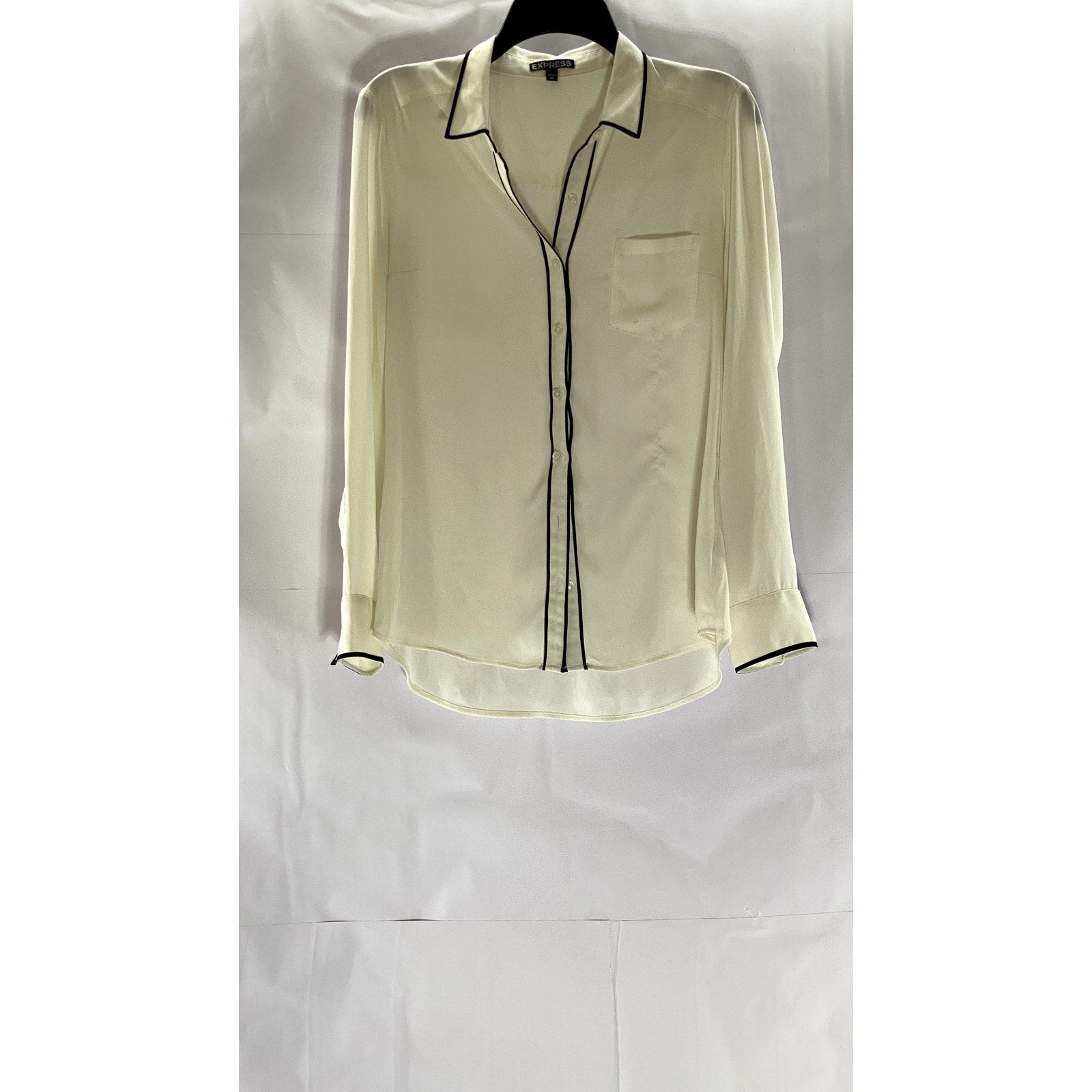 EXPRESS Women's Cream/Black Trim Button-Up Long Sleeve Top SZ M