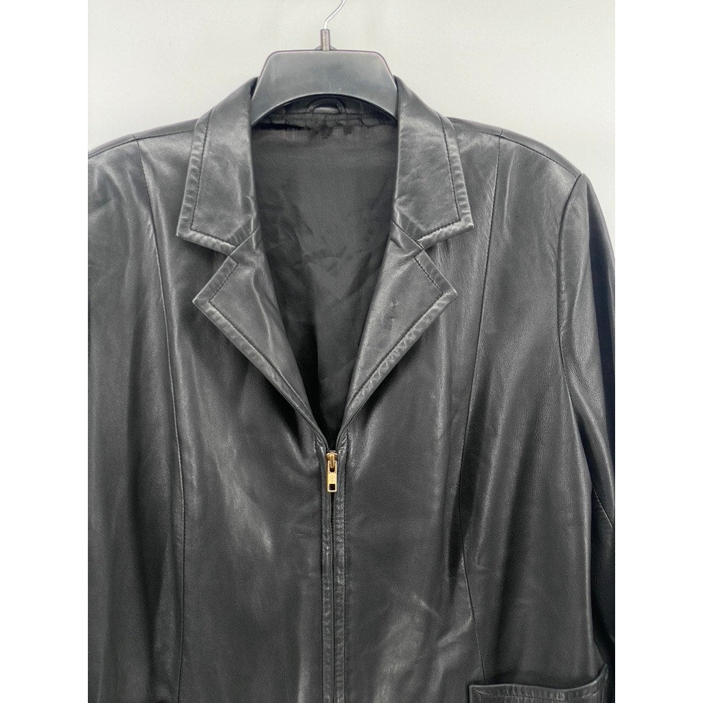 JUNE BASS Women's Black Leather Notch-Collar Zip-Up Jacket SZ M