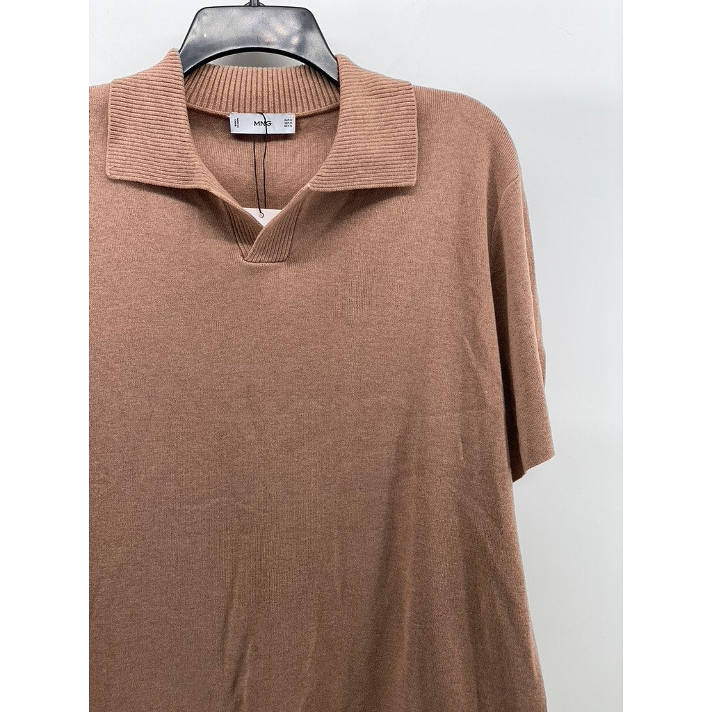 MNG Men's Tan Regular-Fit Rib-Knit Short Sleeve Polo Shirt SZ M