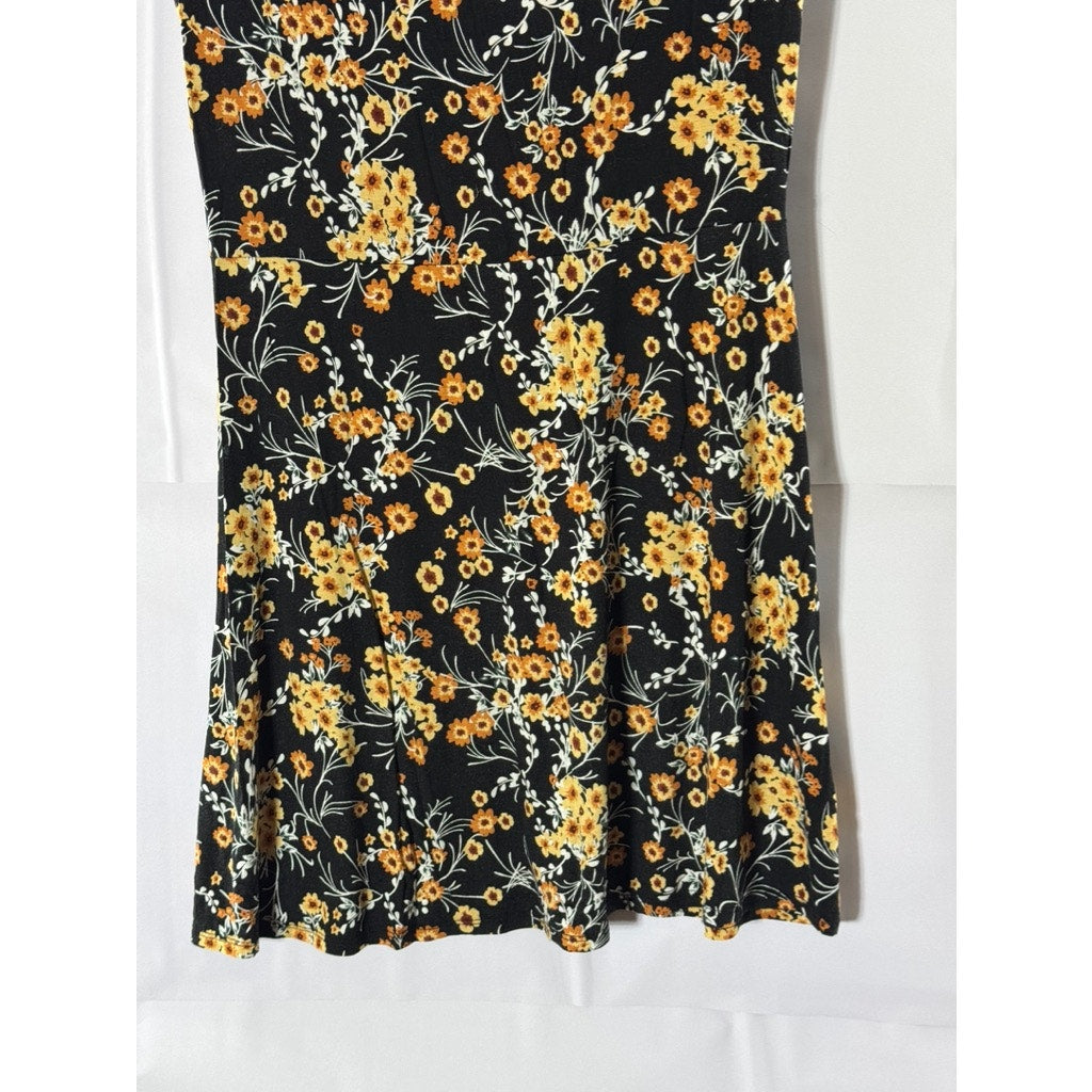 MNG BASICS Women's Black Floral V-Neck Short Sleeve Pullover Mini Dress SZ 8