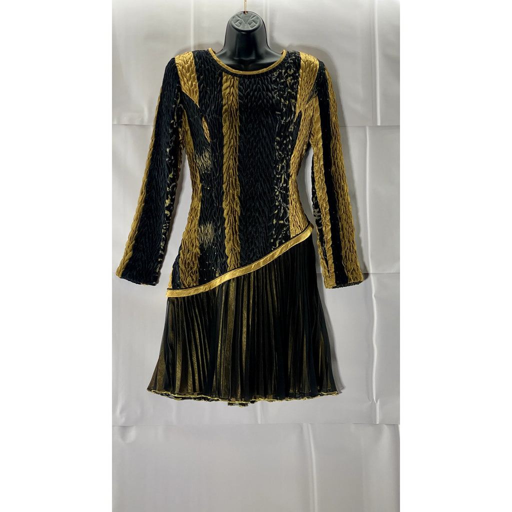 JEANNE MARC Women's Gold/Black Pleated Vintage 80's Cocktail Dress SZ L