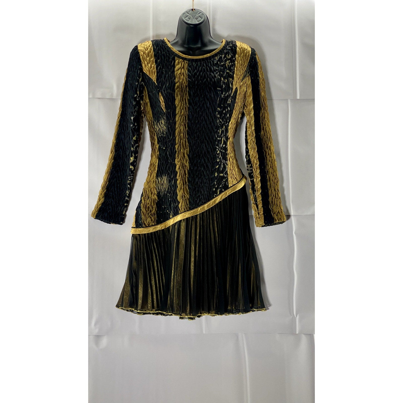 JEANNE MARC Women's Gold/Black Pleated Vintage 80's Cocktail Dress SZ L
