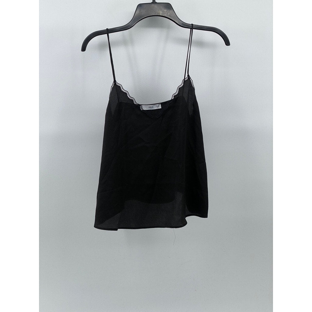 MNG By MANGO Women's Black V-Neck Lace-Trim Spaghetti Strap Cami Top SZ M