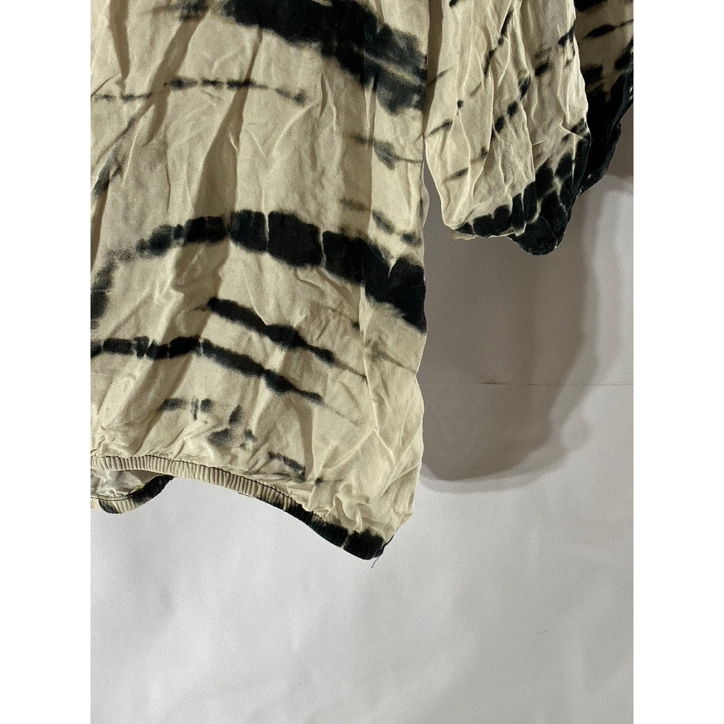 FORVER 21 Women's Beige-Black Surplice Tie-Dye Short Sleeve Relaxed-Fit Top SZ S