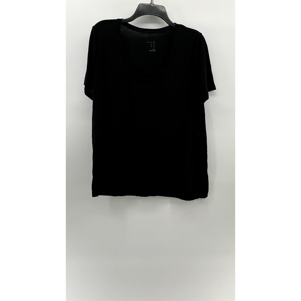 A NEW DAY Women's Black Solid V-Neck Short Sleeve Casual Top SZ L