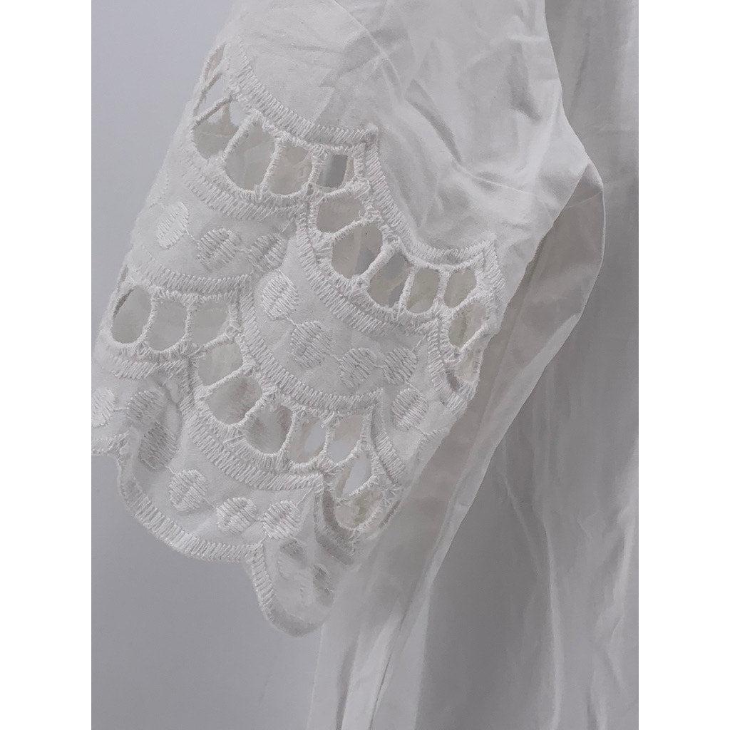 COTTON BLEU Women's White Cotton Lace Eyelet Elbow Sleeve Top SZ M