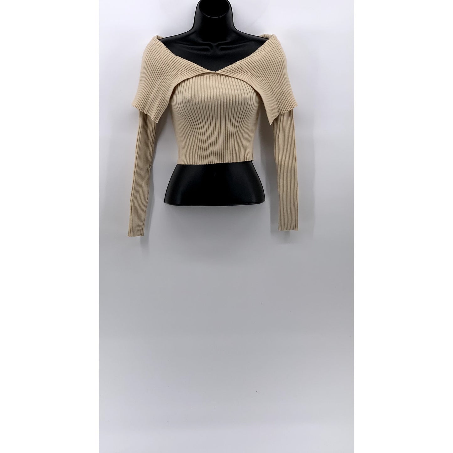 ZARA Women's Beige Rib Knit Off-The-Shoulder V-Neck Cropped Sweater Top SZ S