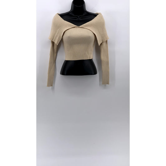 ZARA Women's Beige Rib Knit Off-The-Shoulder V-Neck Cropped Sweater Top SZ S