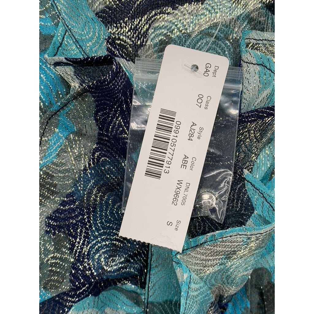 J.CREW Women's Blue Shimmer Floral Jacquard Ruffle-Front Top SZ S