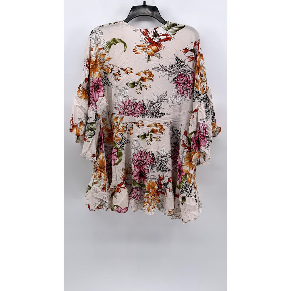 LABEL OF LOVE Women's White Floral V-Neck 3/4 Sleeve Top SZ M