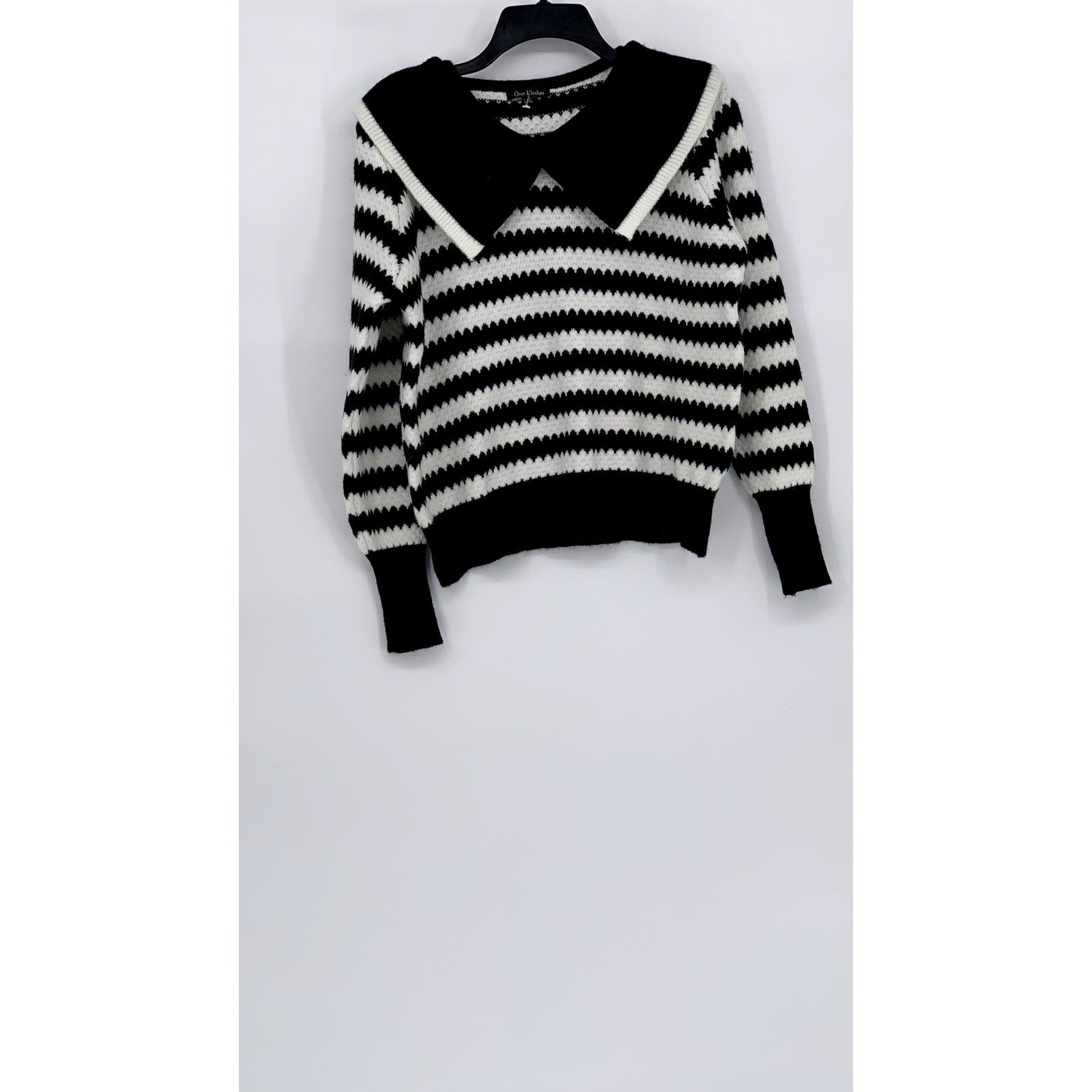 OVER KLESHAS Women’s Black-White Collared Knit Striped Sweater SZ L/XL