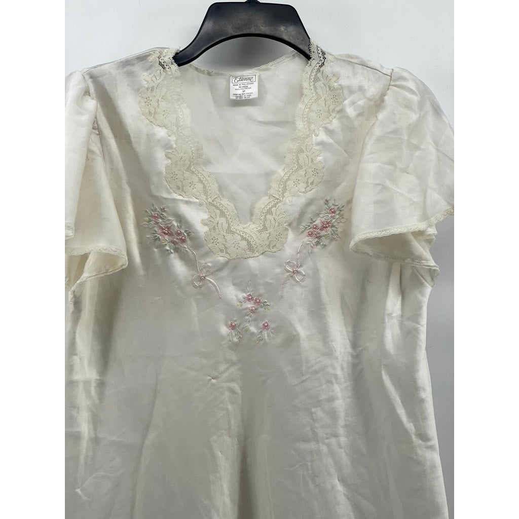 ETIENNE Women's White Satin V-Neck Floral Embroidered Lace-Trim Night Gown SZ M