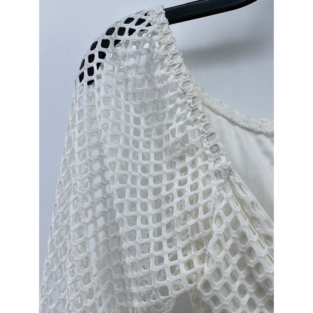 IRIS Women's White Mesh Long Sleeve Tie-Knot Cropped Top SZ S