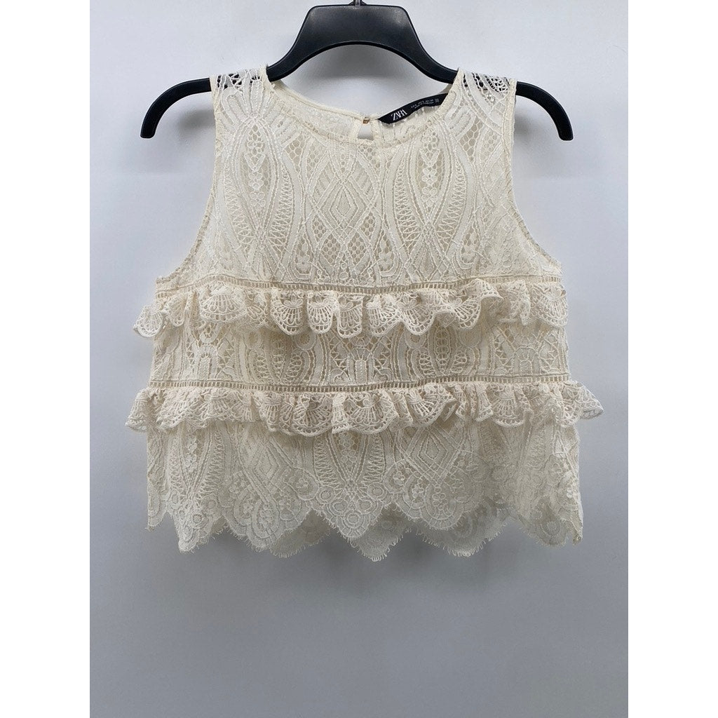 ZARA Women's Cream Knit Crewneck Ruffle Lace Sleeveless Top SZ S