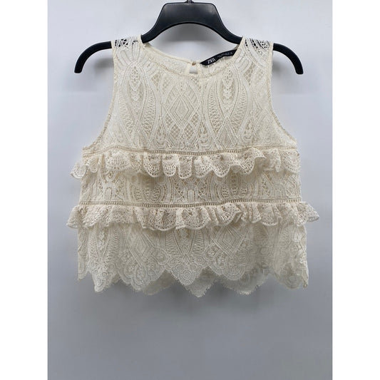 ZARA Women's Cream Knit Crewneck Ruffle Lace Sleeveless Top SZ S