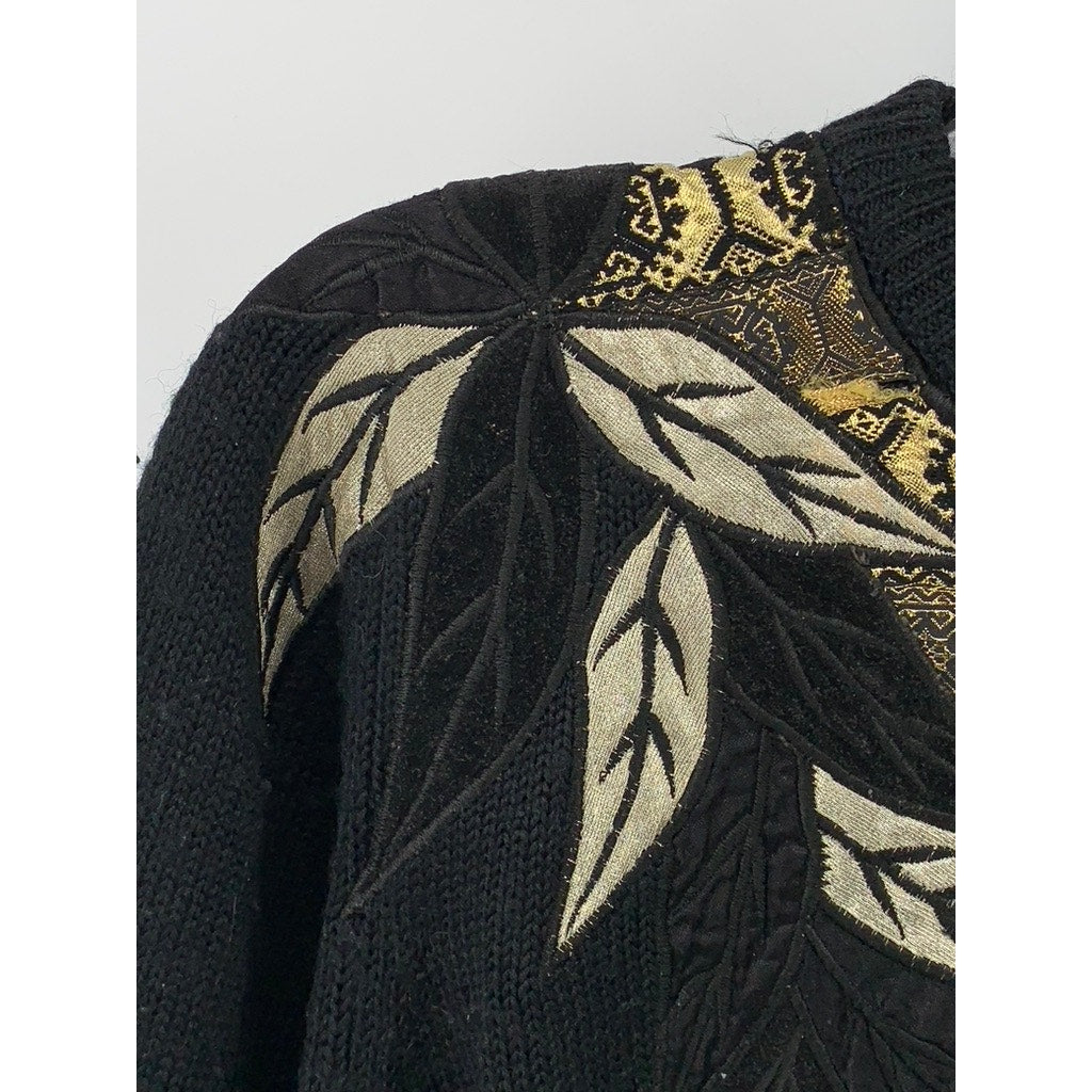 SPANNER IMPORTS Women's Black Vintage 90's Leaf Embroidered Knit Sweater SZ S