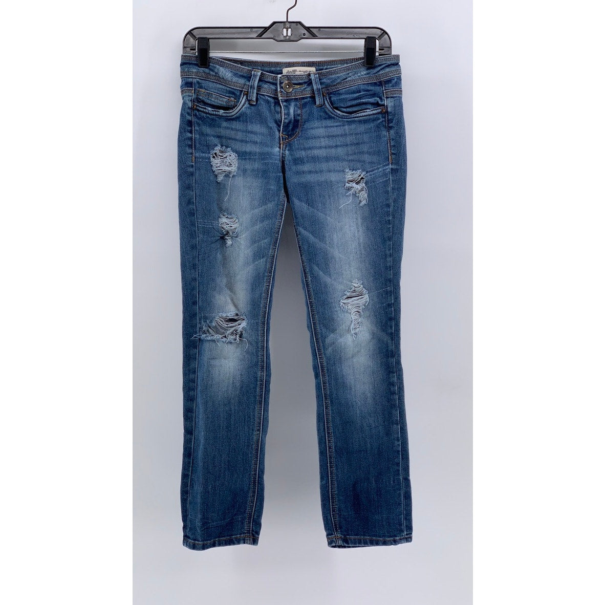 DOLLHOUSE Women's Blue Distressed Roll-Up Skinny Capri Leggings SZ 3