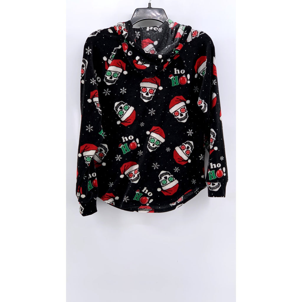 NO BOUNDARIES Women's Black Peppermint Skull Fleece Hoodie Sweater SZ M
