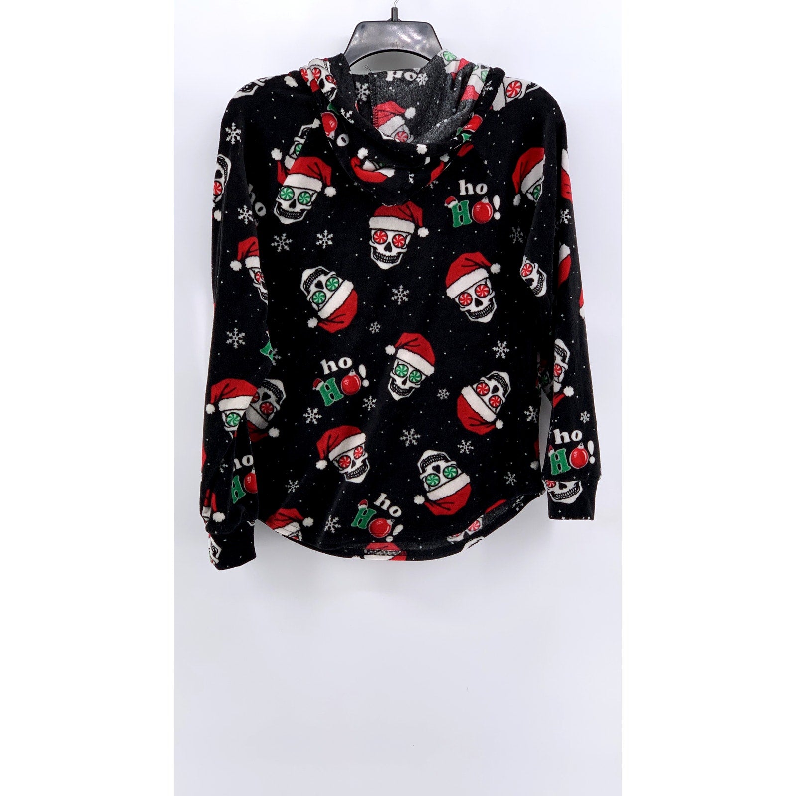 NO BOUNDARIES Women's Black Peppermint Skull Fleece Hoodie Sweater SZ M