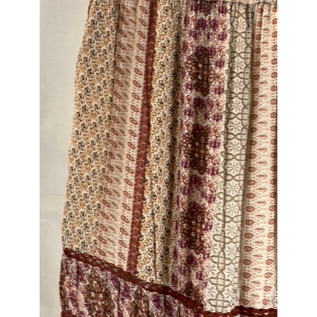 URBAN OUTFITTERS Women's Tan Esme Patch Printed Boho Tassel Maxi Skirt SZ L