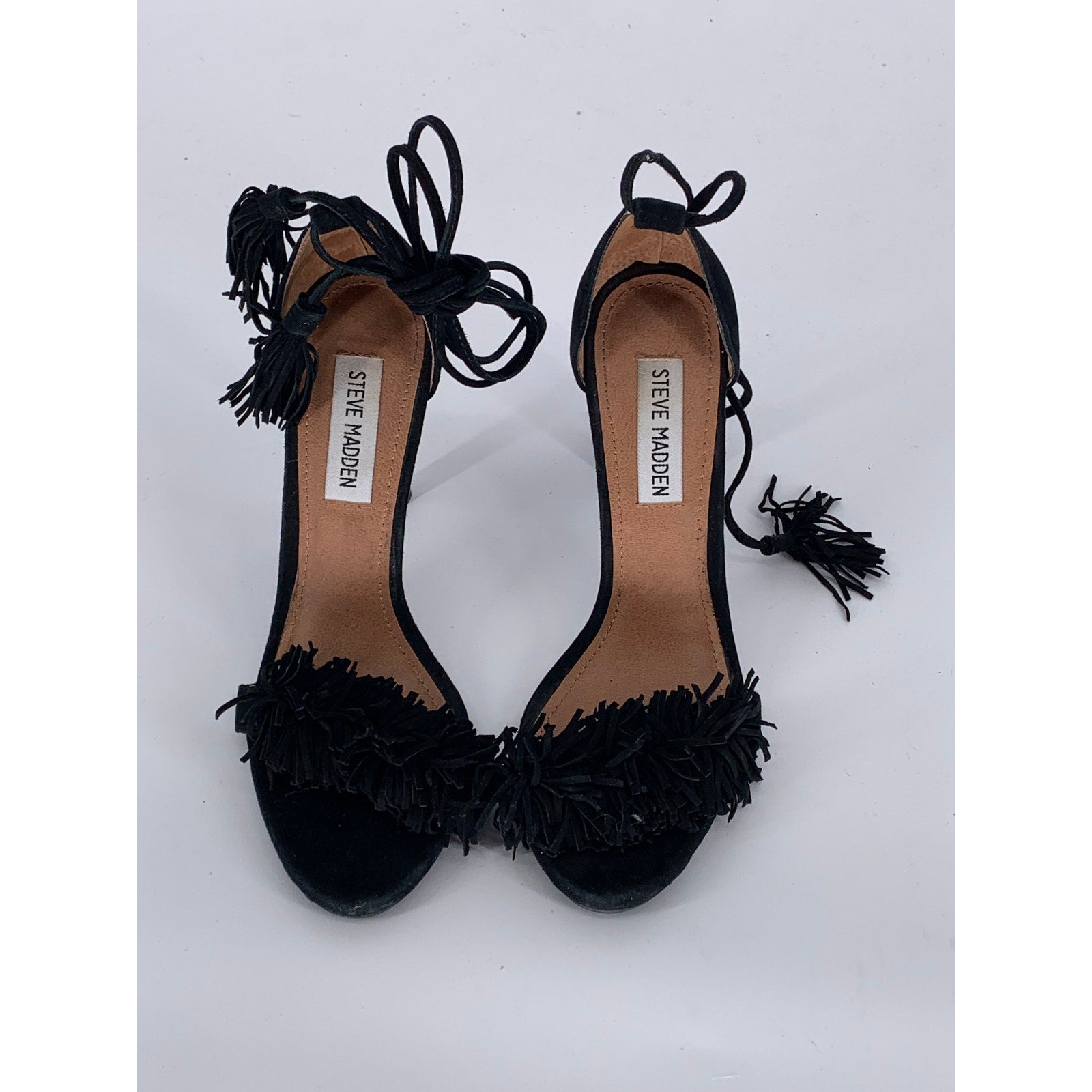 STEVE MADDEN Women's Black Leather Sassey Fringe Gladiator Stiletto Heels SZ 6.5