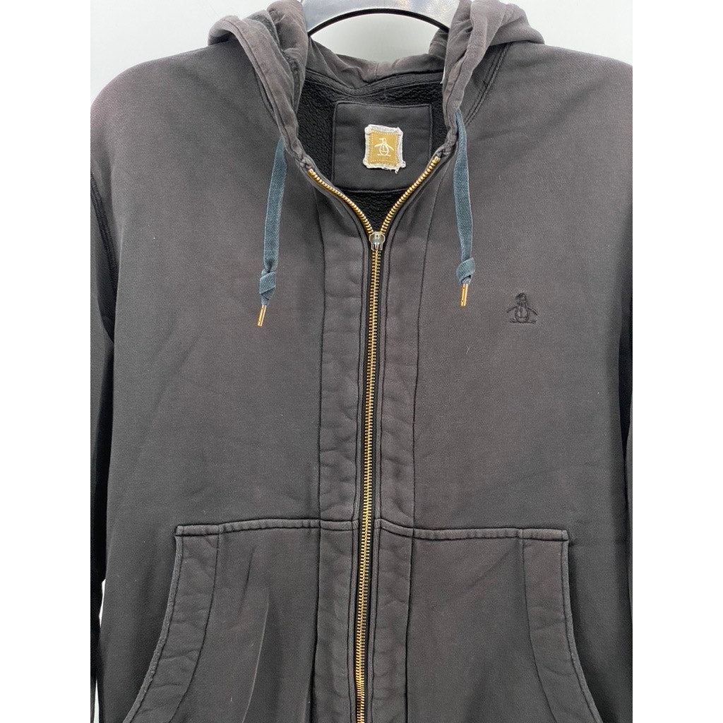 ORIGINAL PENGUIN Men's Washed Black Vintage Hooded Zip-Up Sweater SZ M
