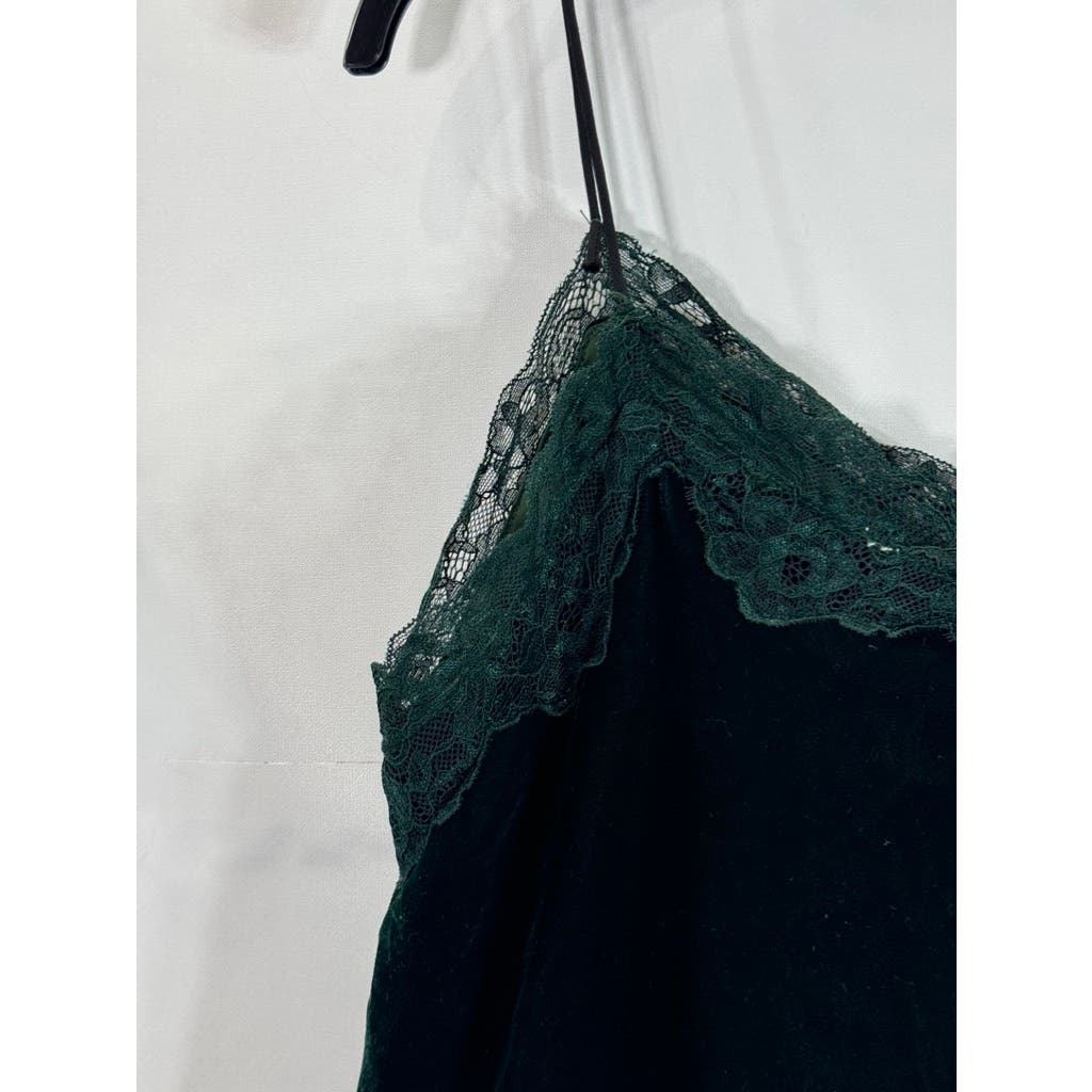 J.O.A Women's Green Lace-Trim V-Neck Crushed Velvet Spaghetti Strap Cami Top SZM