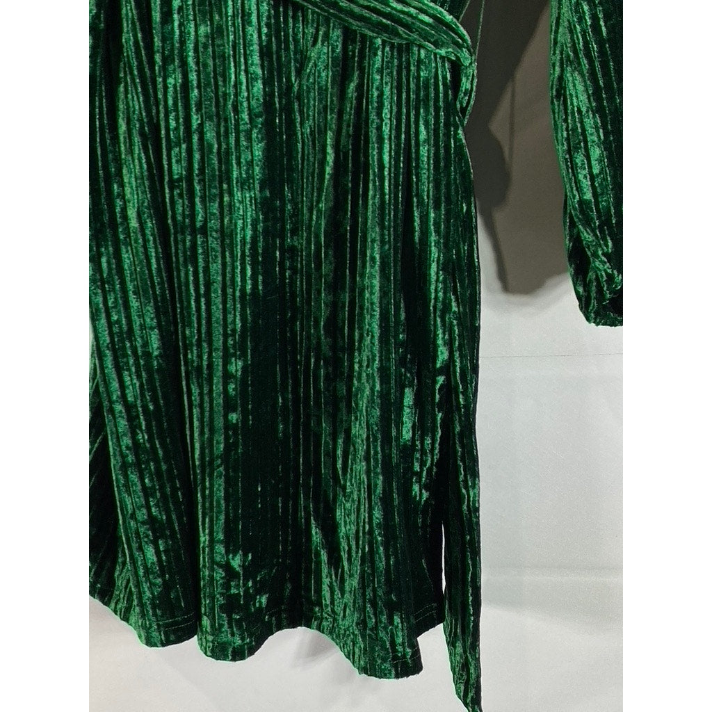 DRESS FORUM Women's Dark Green Crewneck Pleated Velvet Waist Tie Mini Dress SZ M