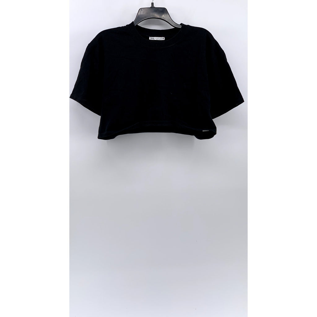 ZARA Women's Black Solid Crewneck Cropped T-Shirt SZ S
