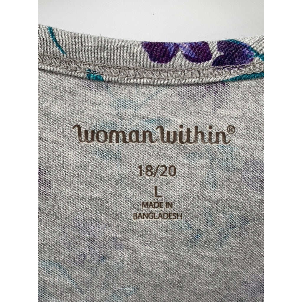 WOMAN WITHIN Women's Plus Gray Floral Short Sleeve Top SZ 18/20