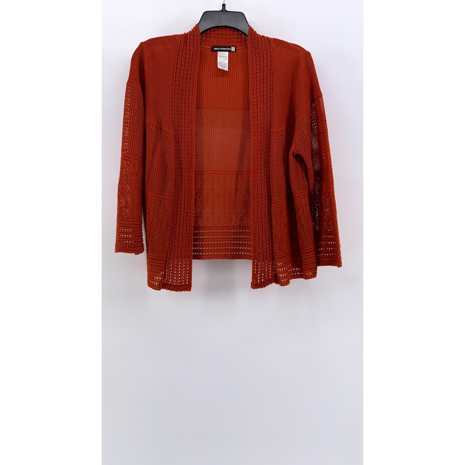 SWEATER WORKS Women's Orange Crochet Knit Open-Front Cardigan SZ XL