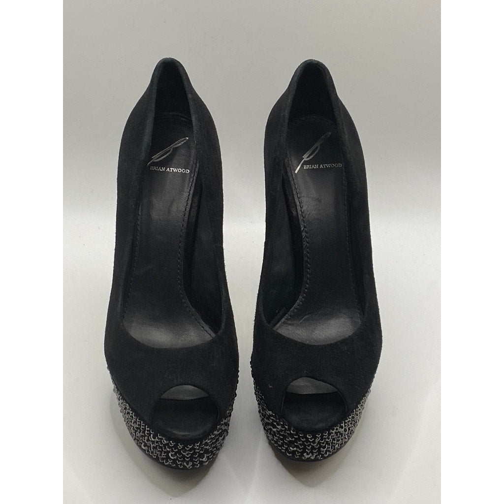 BRIAN ATWOOD Women’s Black Rhinestone Embellished Peep-Toe Platform Pumps SZ 6.5