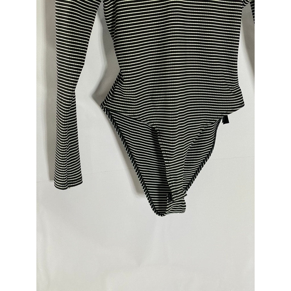 TOPSHOP Women's Black-White Striped Tie-Back Bow Long Sleeve Bodysuit SZ 8