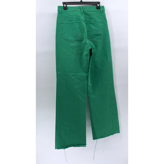 ZARA Women's Dark Green Regular-Fit Raw-Hem Denim Wide-Leg Jeans SZ 4