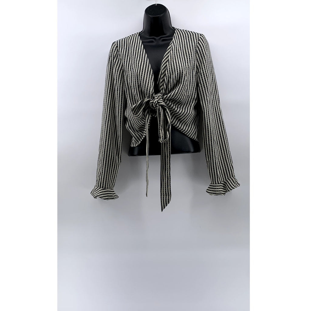 RIHOAS Women's Black-White Striped Printed Tie-Front Ruffle Long Sleeve Top SZ S
