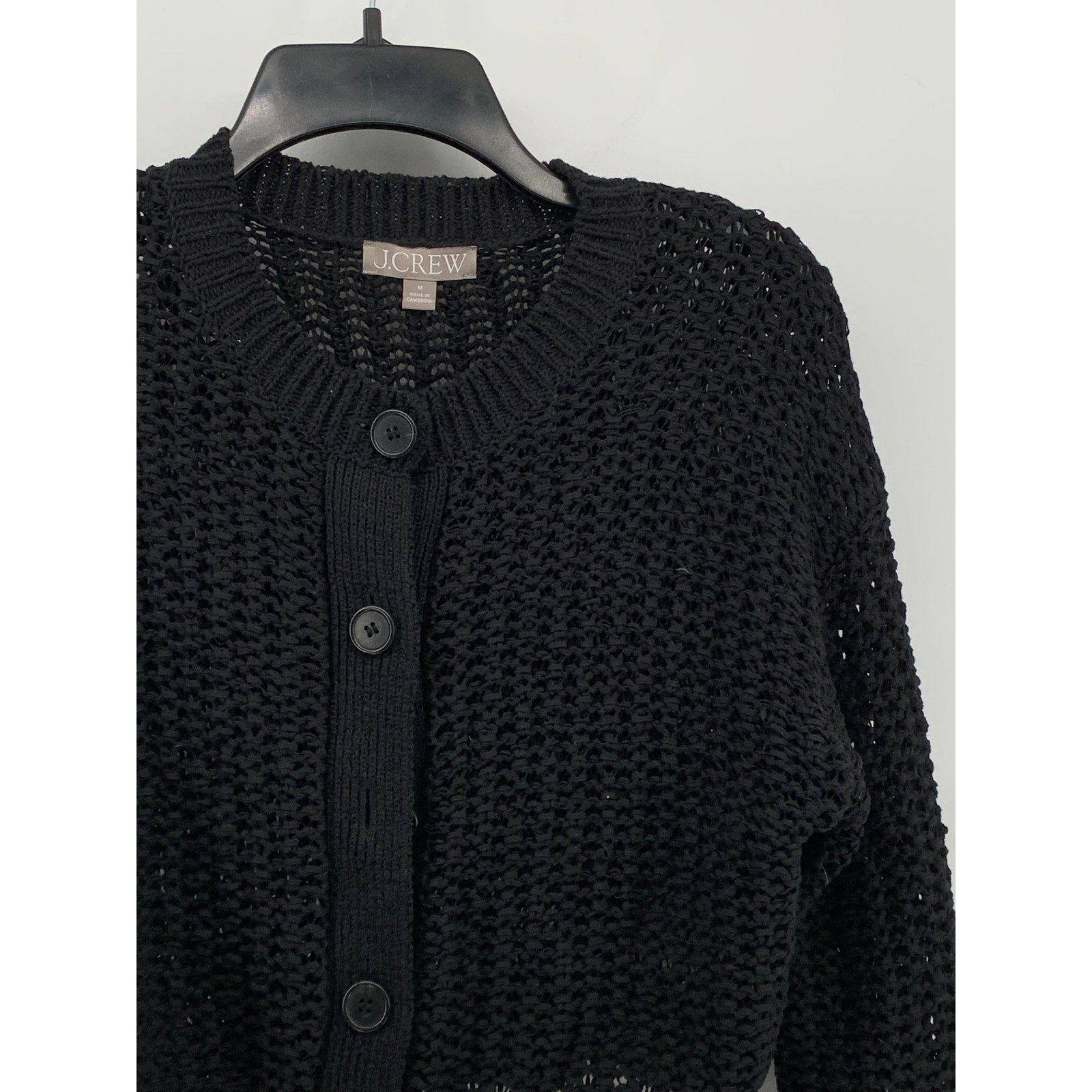 J.CREW Women's Black Open Knit Crewneck Button-Up Cropped Cardigan SZ M