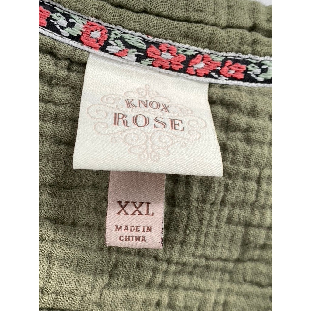 KNOX ROSE Women's Olive Green Gauze Elbow Sleeve Button-Up Top SZ 2XL